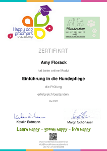 Zertifikat der Happy Dog Groomers e-academy für Amy Aslan über das Modul Einführung in die Hundepflege