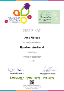 Zertifikat der Happy Dog Groomers e-academy für Amy Aslan über das Modul Rund um den Hund