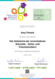Zertifikat der Happy Dog Groomers e-academy für Amy Aslan über das Modul zu den verschiedenen Schneide-, Scher- und Trimmtechniken