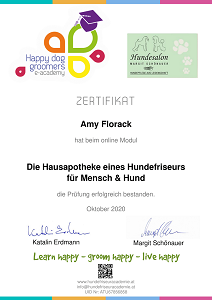 Zertifikat der Happy Dog Groomers e-academy für Amy Aslan über das Modul Die Hausapotheke eines Hundefriseurs für Mensch und Hund